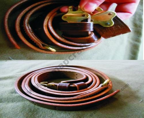 WWI.WWII M1907 LEATHER SLINGS ISSUED FOR THE M1903 AND M-1 GRAND RIFLES. GOLD HARDWARE