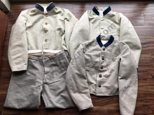 three Department of Alabama Jackets – Beck, Hoey, and Dolan style, along with a pair of Montgomery Depot Trousers
